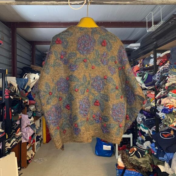 Express Tricot Vtg 80s 90's Mohair Blend Dimensional Berry Floral Cardigan Large - Picture 2 of 3